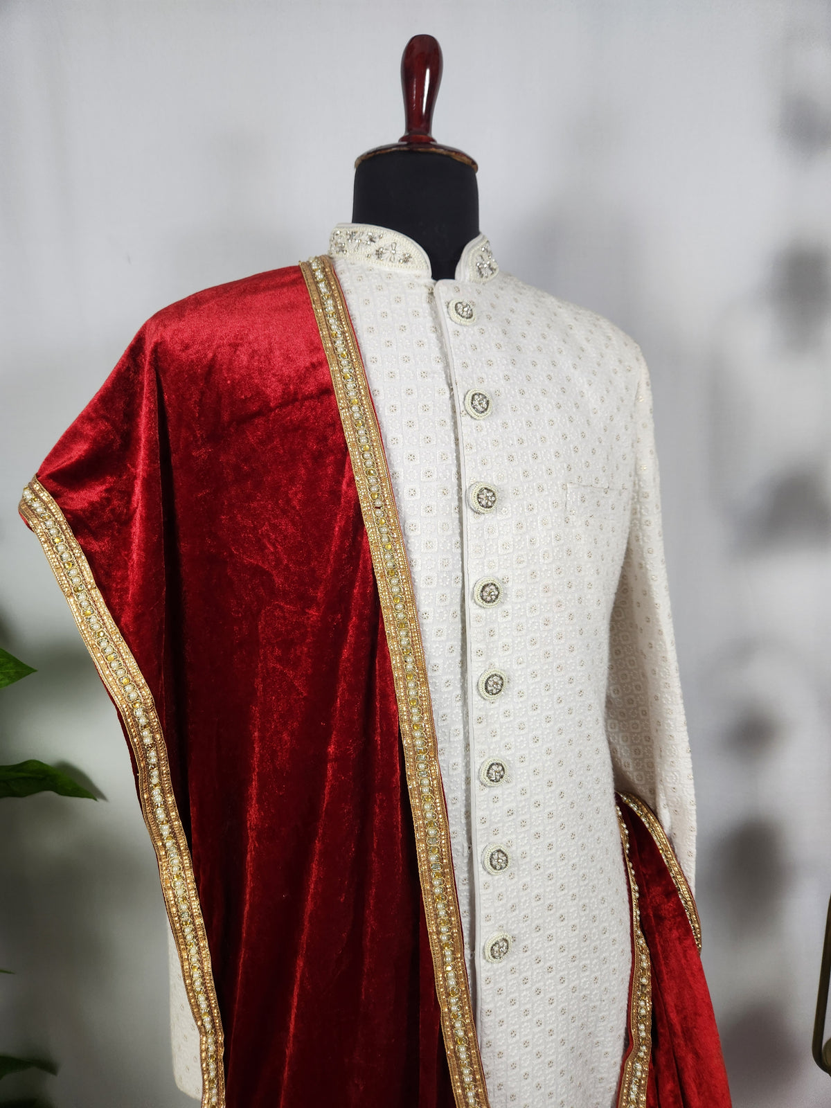 Red Groom Shawl - Golden Border | Stole For Men