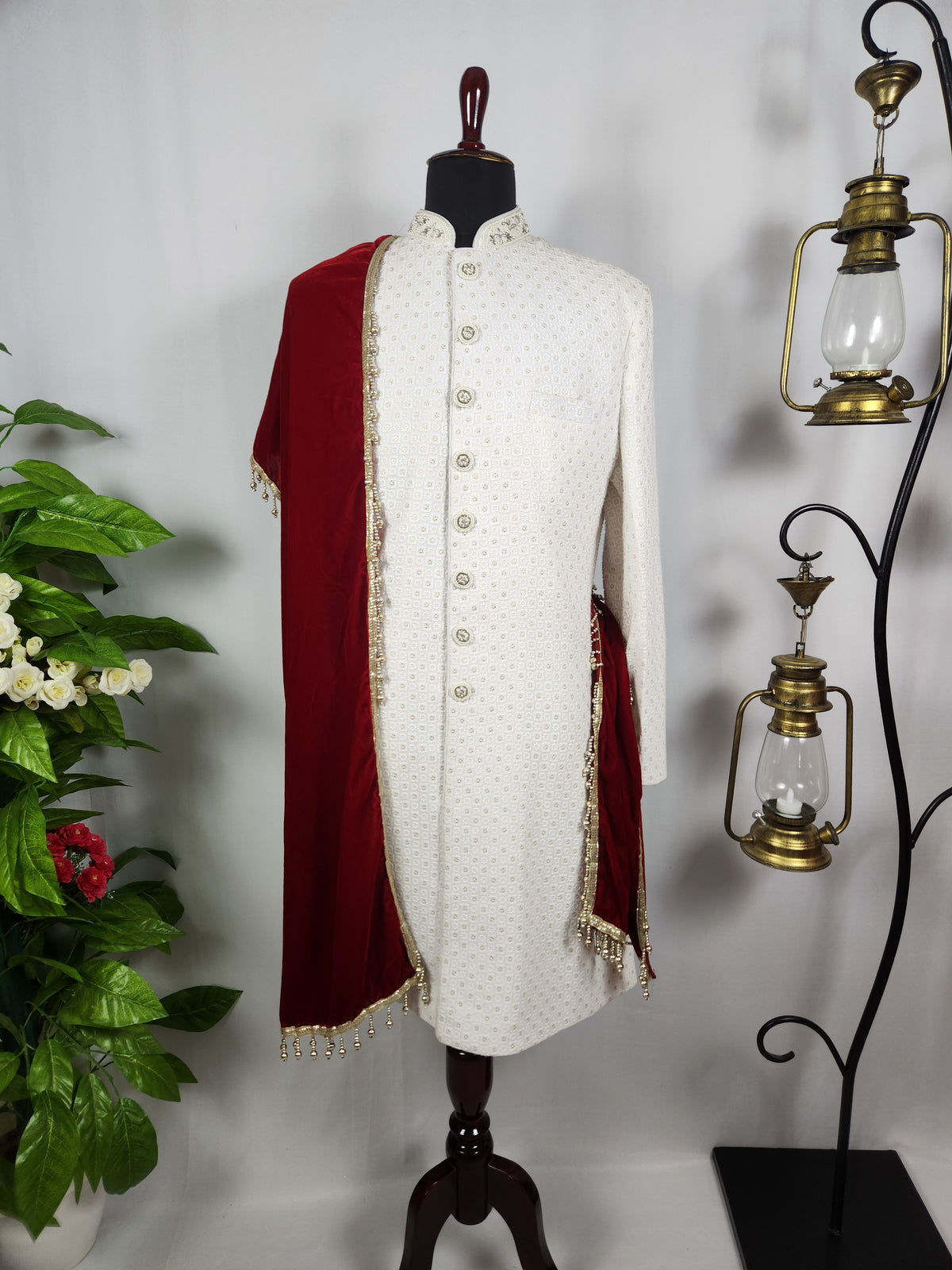 Red Groom Shawl - Embroidered Sherwani Stole