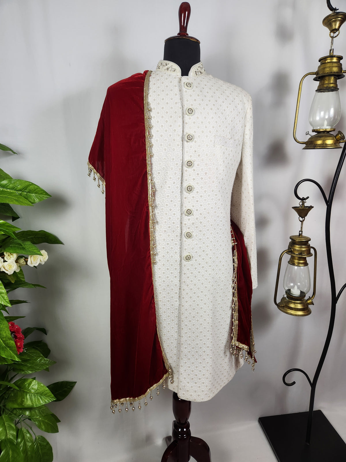 Red Groom Shawl - Embroidered Sherwani Stole