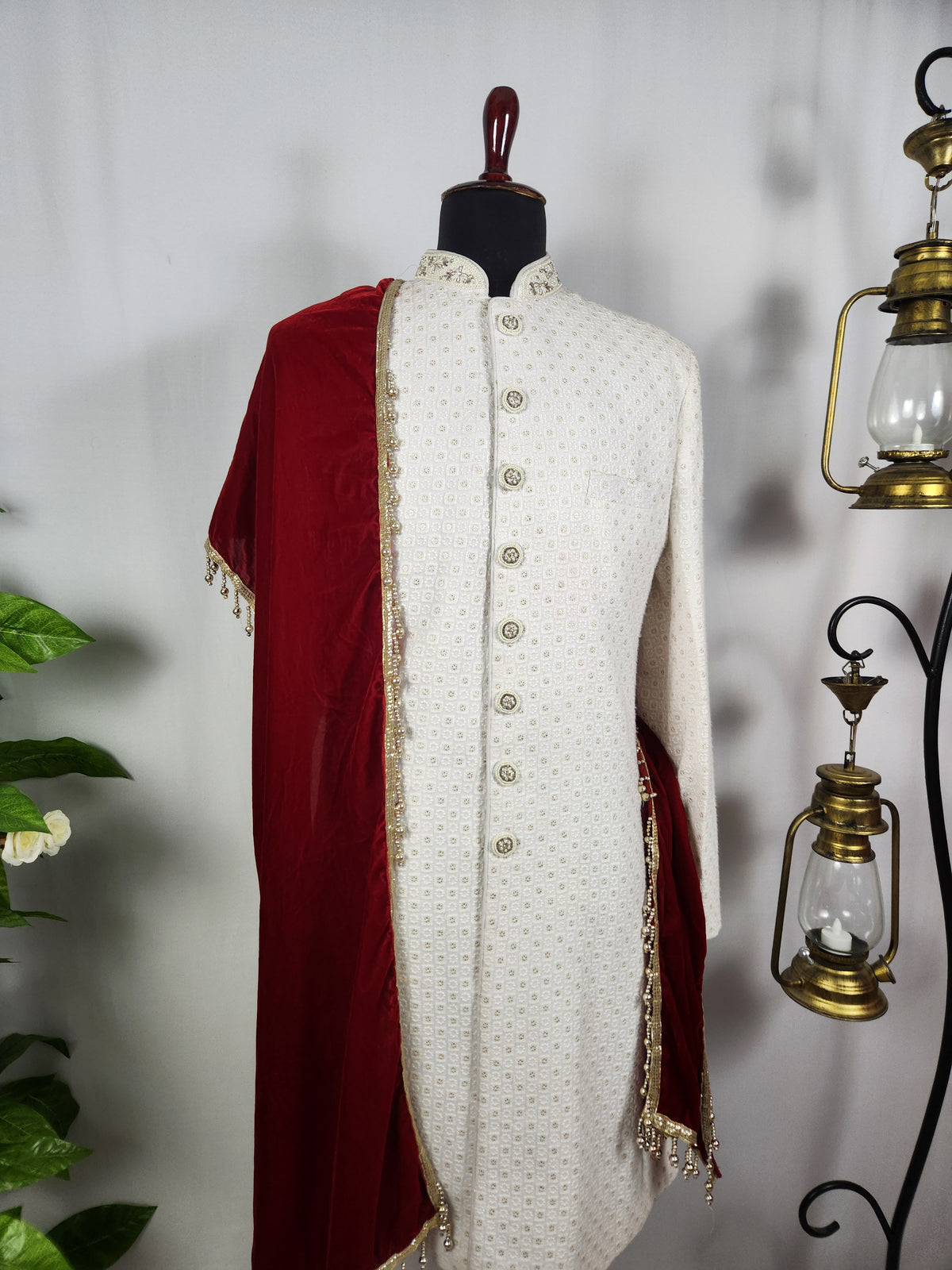 Red Groom Shawl - Embroidered Sherwani Stole