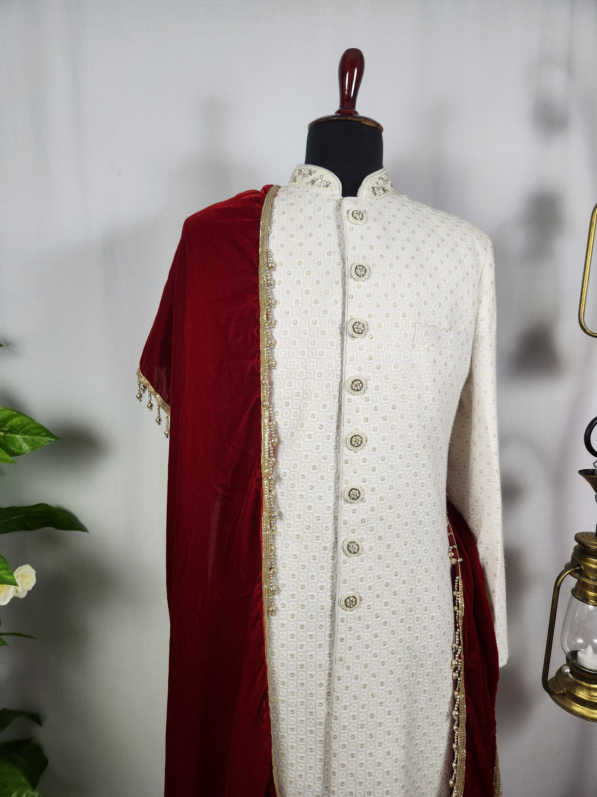 Red Groom Shawl - Embroidered Sherwani Stole