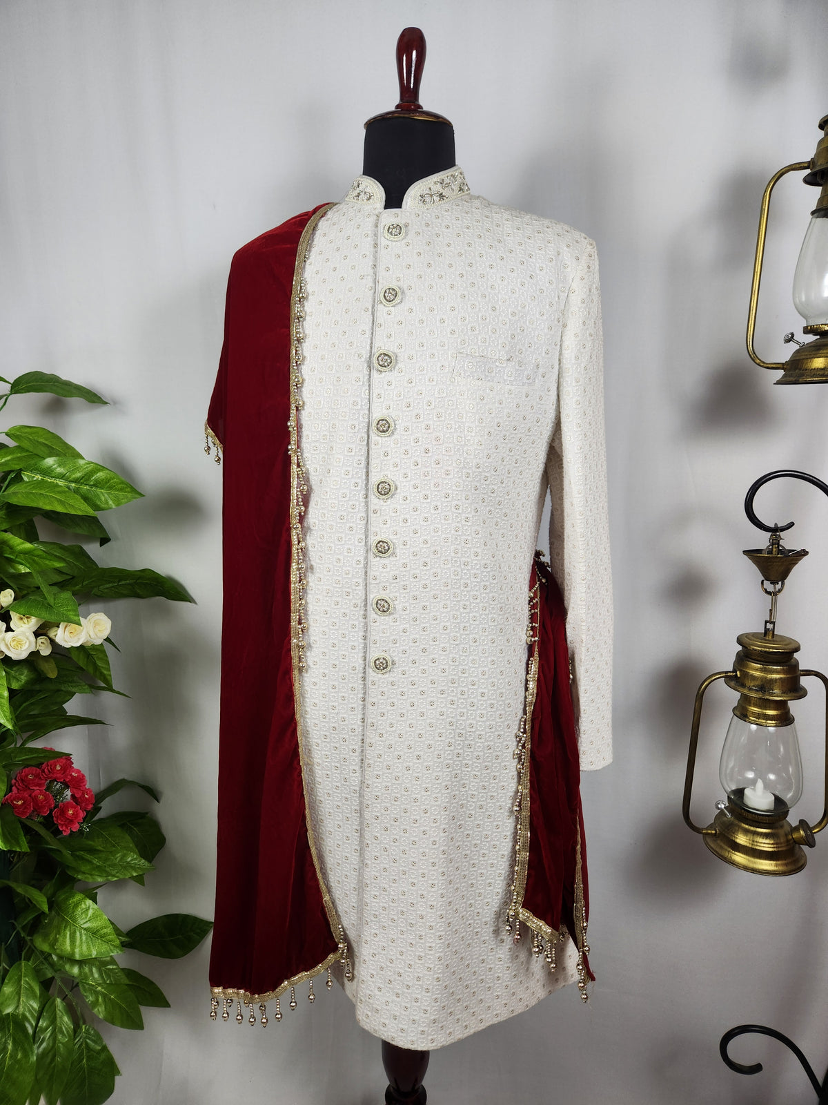 Red Groom Shawl - Embroidered Sherwani Stole