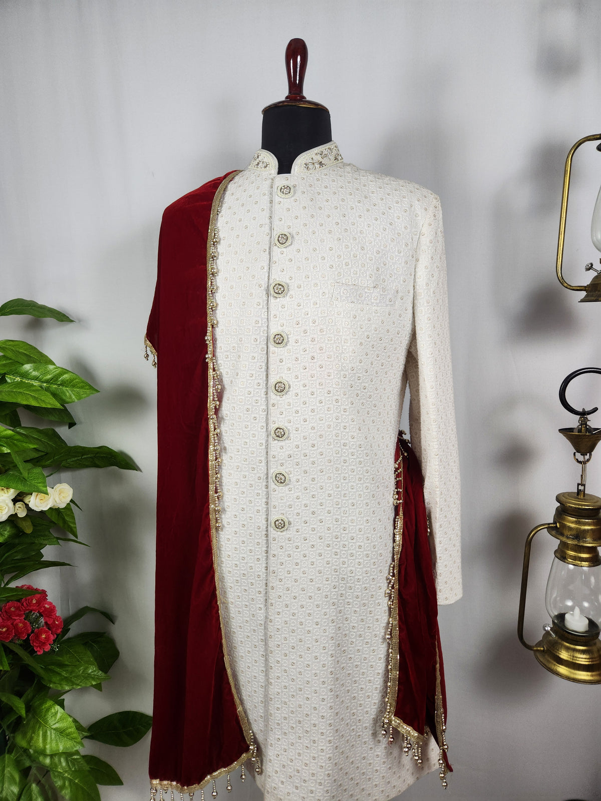 Red Groom Shawl - Embroidered Sherwani Stole