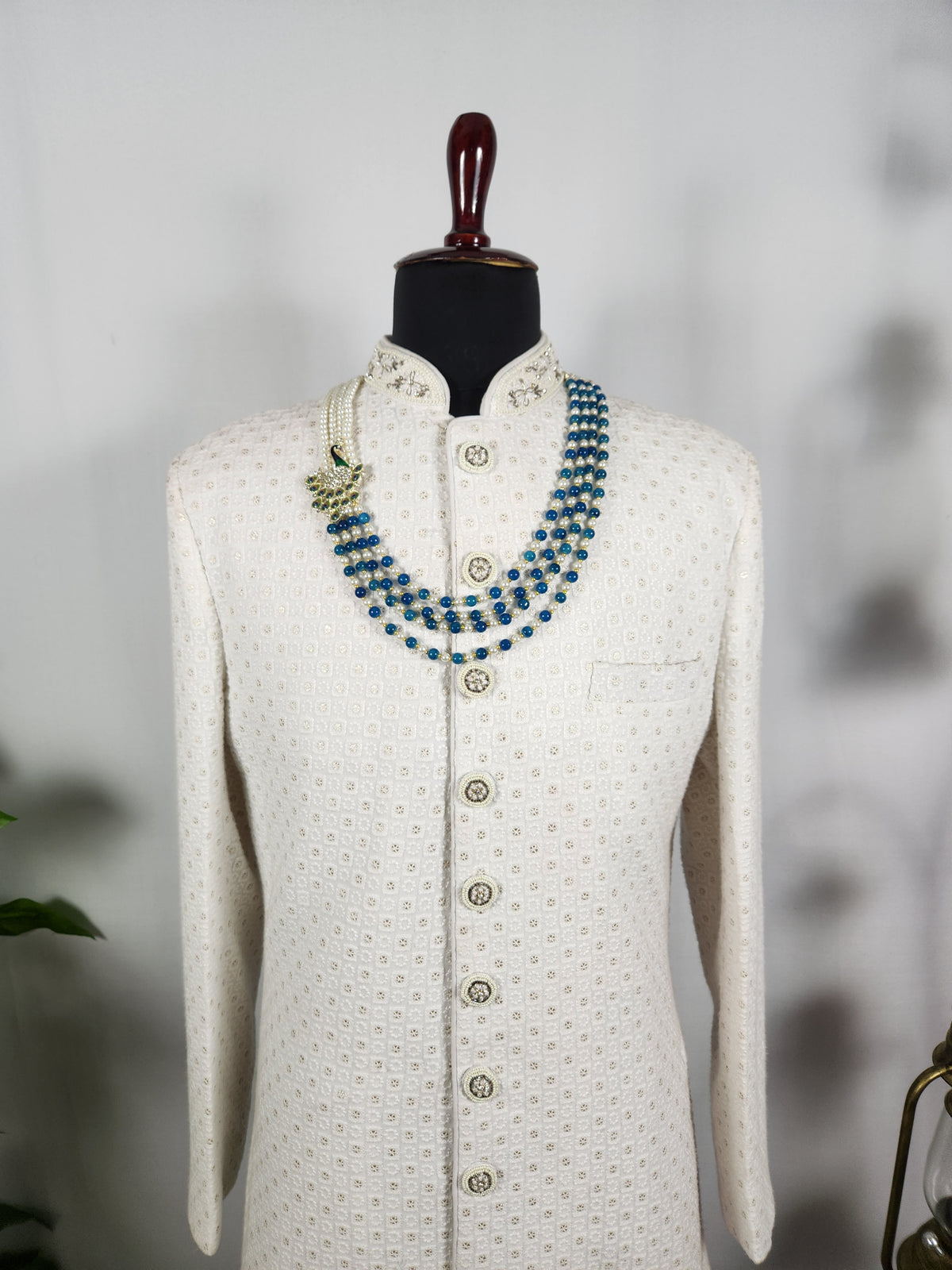 Blue Pearl Necklace Groom - Diamond Brooch | Wedding Mala For Sherwani