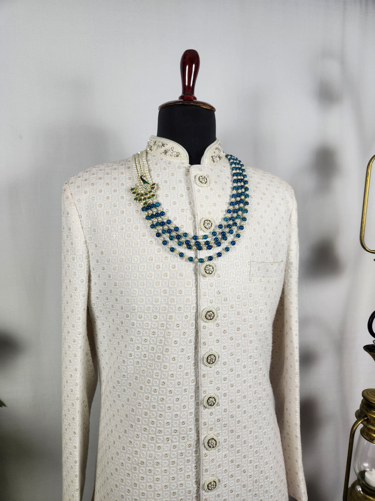 Blue Pearl Necklace Groom - Diamond Brooch | Wedding Mala For Sherwani