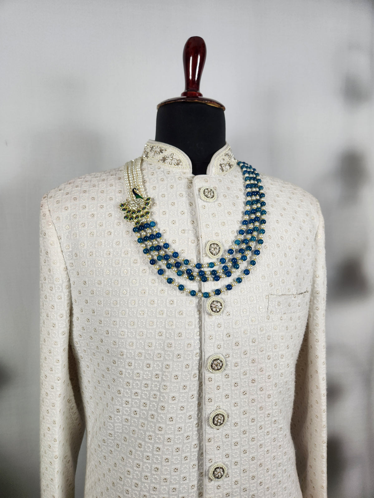 Blue Pearl Necklace Groom - Diamond Brooch | Wedding Mala For Sherwani