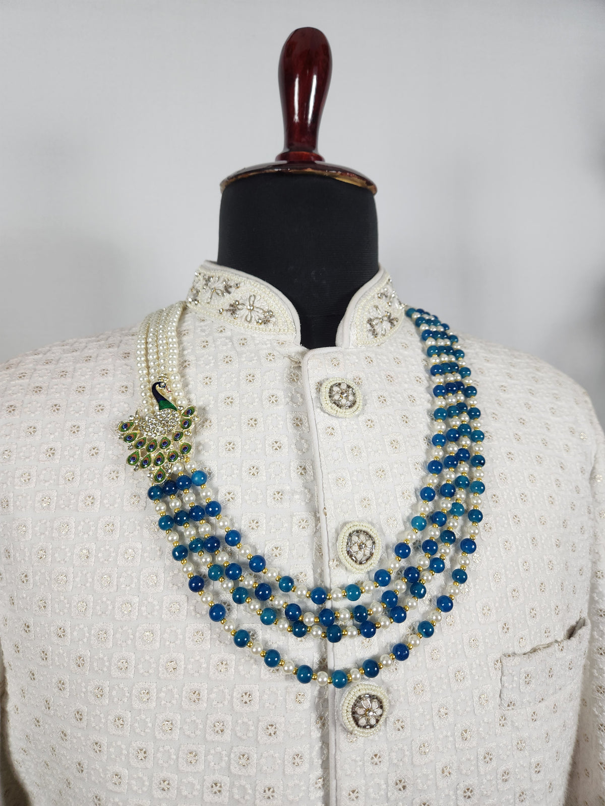 Blue Pearl Necklace Groom - Diamond Brooch | Wedding Mala For Sherwani