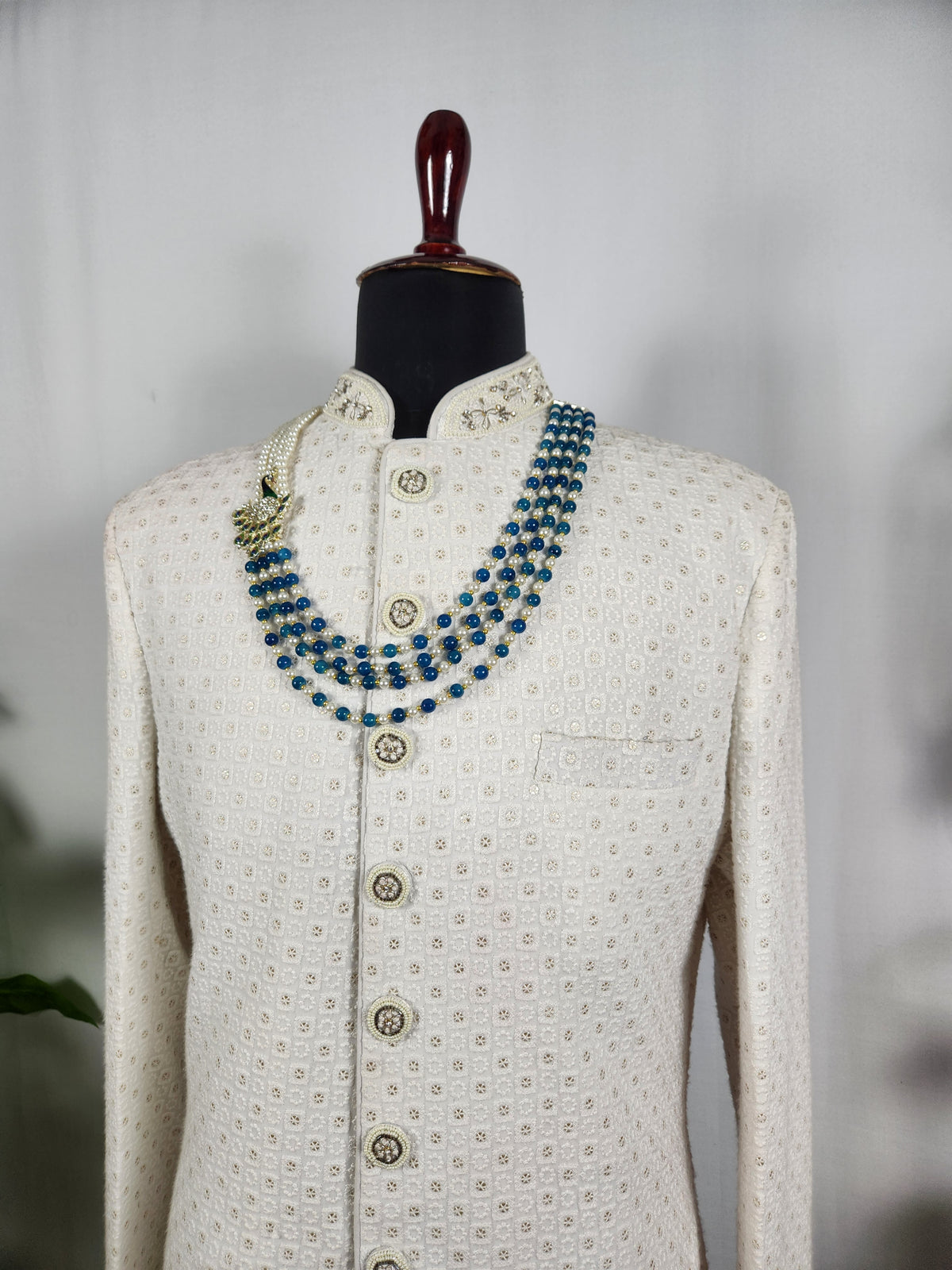 Blue Pearl Necklace Groom - Diamond Brooch | Wedding Mala For Sherwani