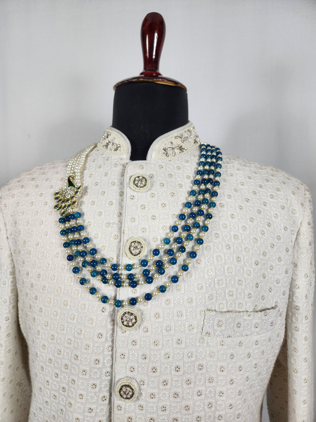 Blue Pearl Necklace Groom - Diamond Brooch | Wedding Mala For Sherwani