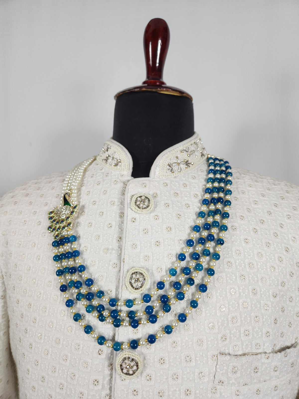 Blue Pearl Necklace Groom - Diamond Brooch | Wedding Mala For Sherwani