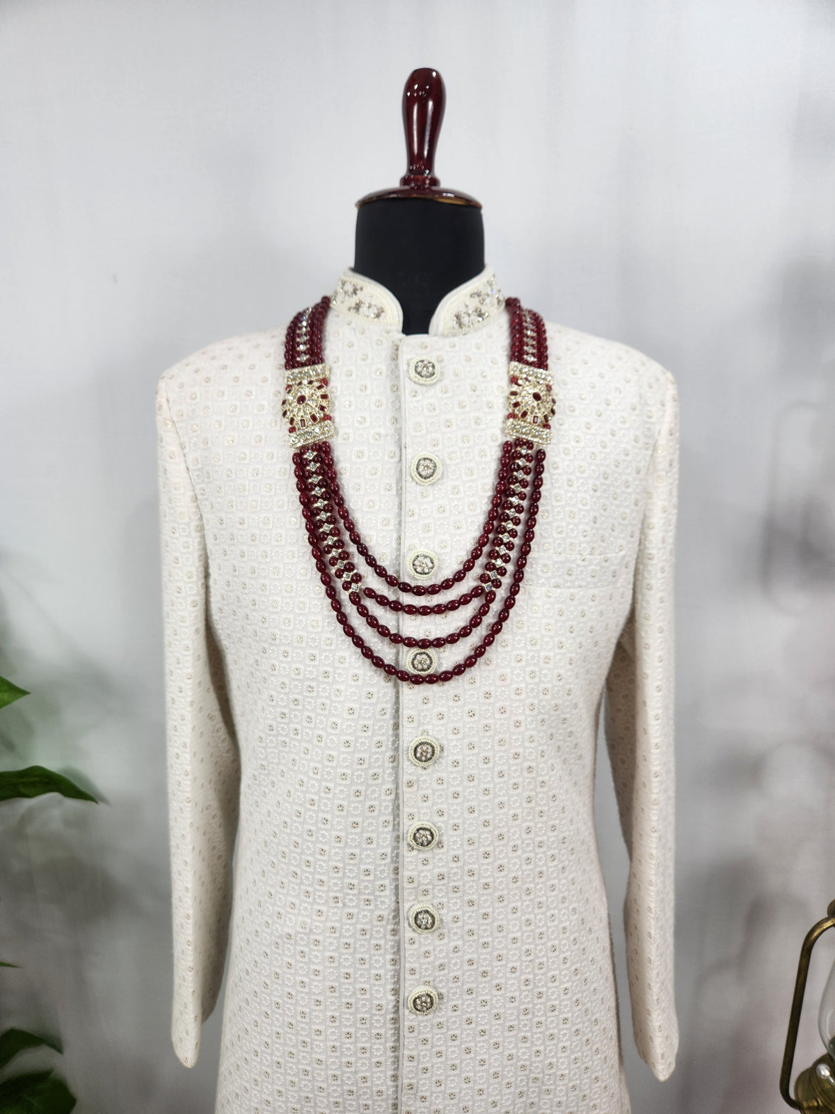 Ruby Red Necklace Groom - Traditional Kantha | Wedding Mala For Sherwani