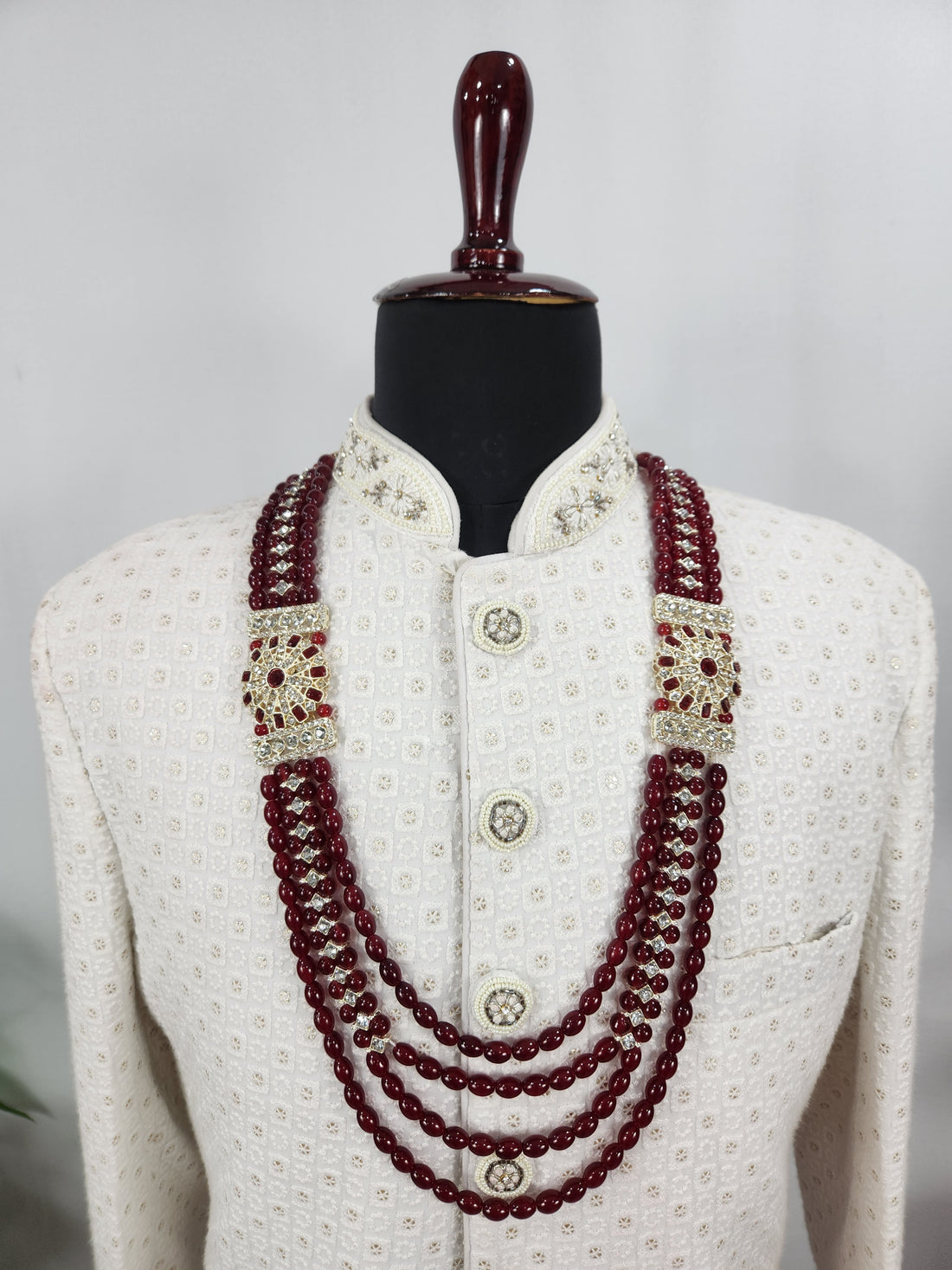 Ruby Red Necklace Groom - Traditional Kantha | Wedding Mala For Sherwani
