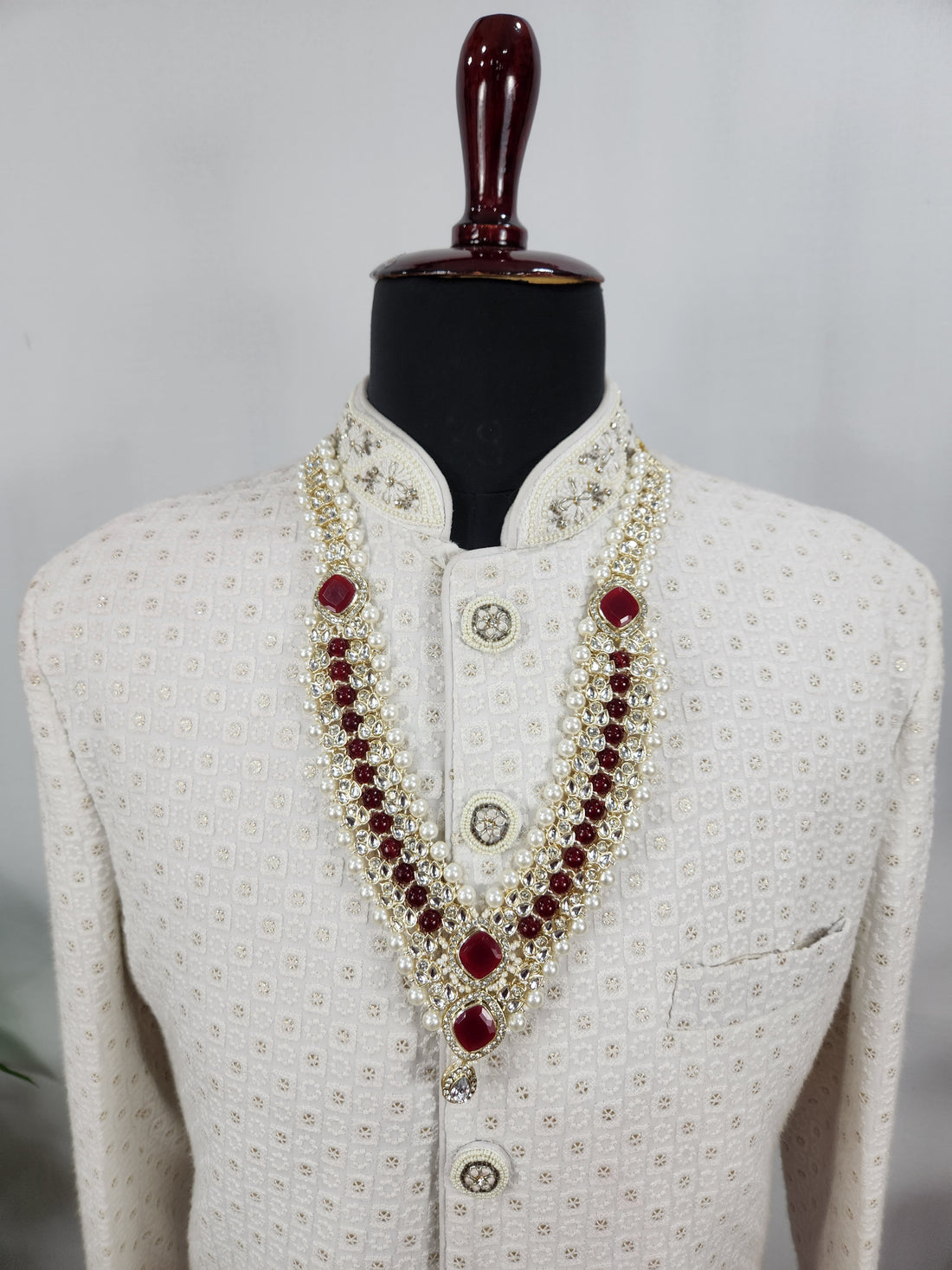 Ruby Red Necklace Groom - Traditional Kantha | Wedding Mala For Sherwani