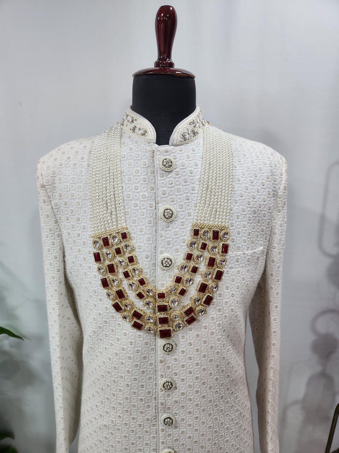 Red White Pearl Necklace Groom | Wedding Mala For Sherwani