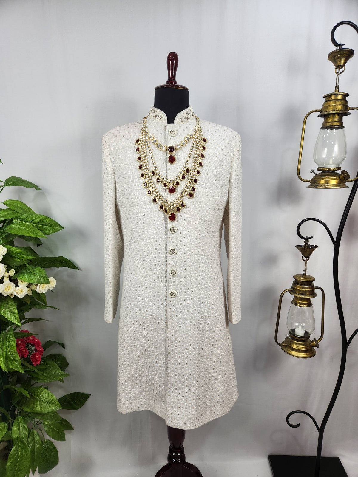 Golden Red Diamond Necklace Groom | Wedding Mala For Sherwani