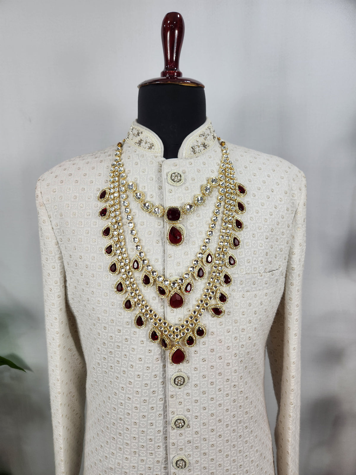 Golden Red Diamond Necklace Groom | Wedding Mala For Sherwani