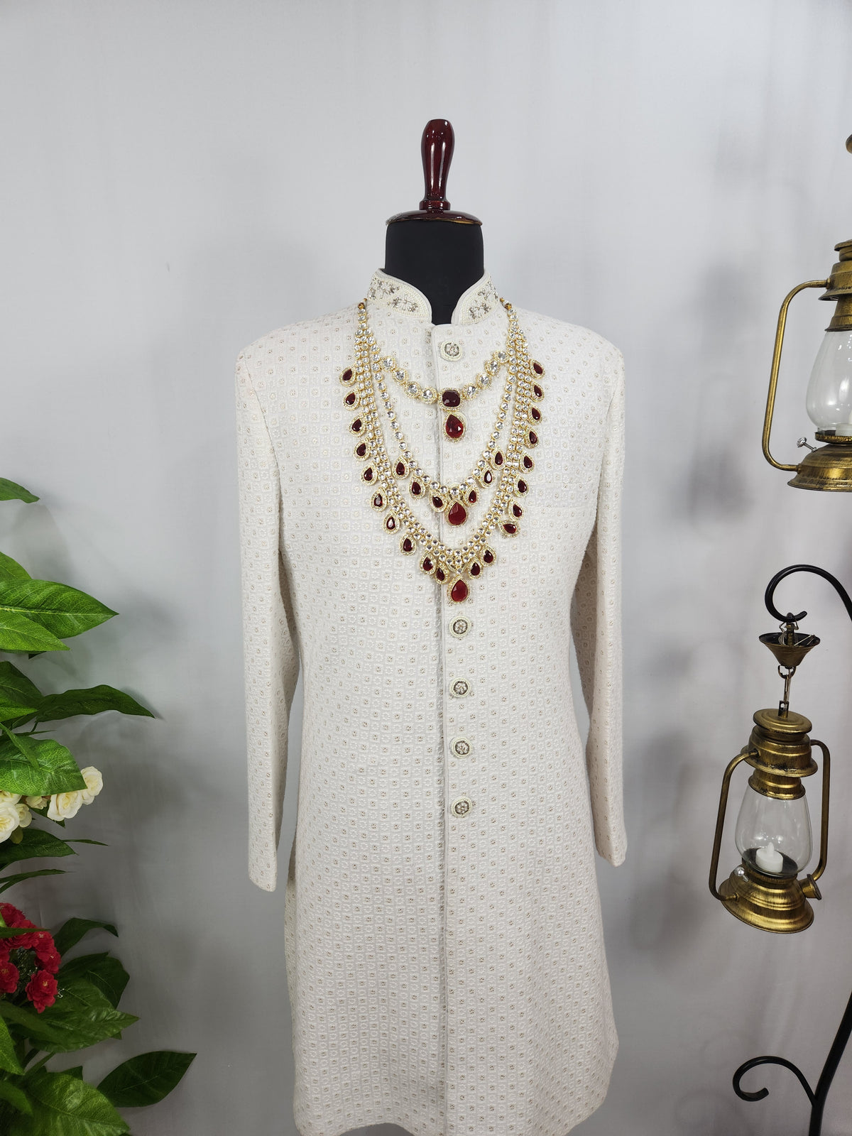 Golden Red Diamond Necklace Groom | Wedding Mala For Sherwani