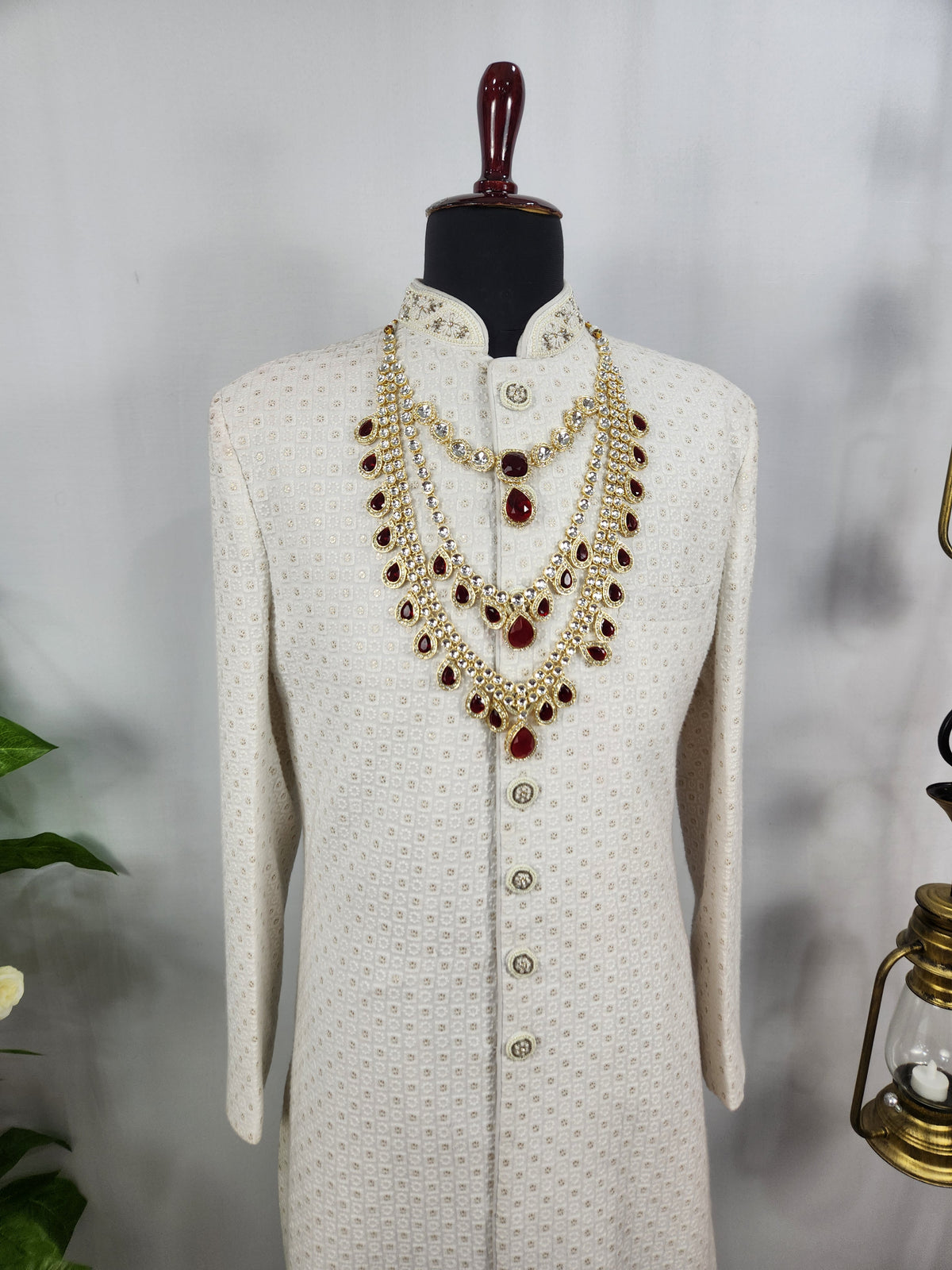 Golden Red Diamond Necklace Groom | Wedding Mala For Sherwani
