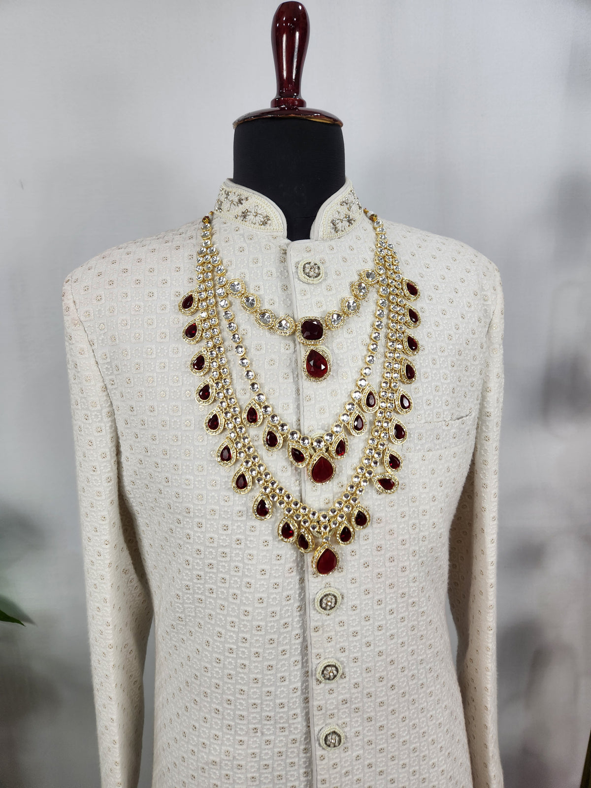 Golden Red Diamond Necklace Groom | Wedding Mala For Sherwani
