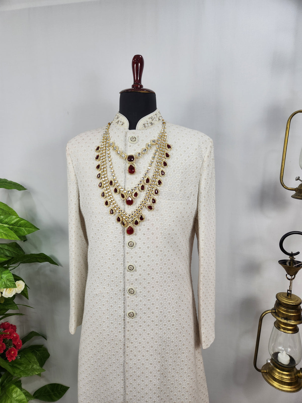 Golden Red Diamond Necklace Groom | Wedding Mala For Sherwani