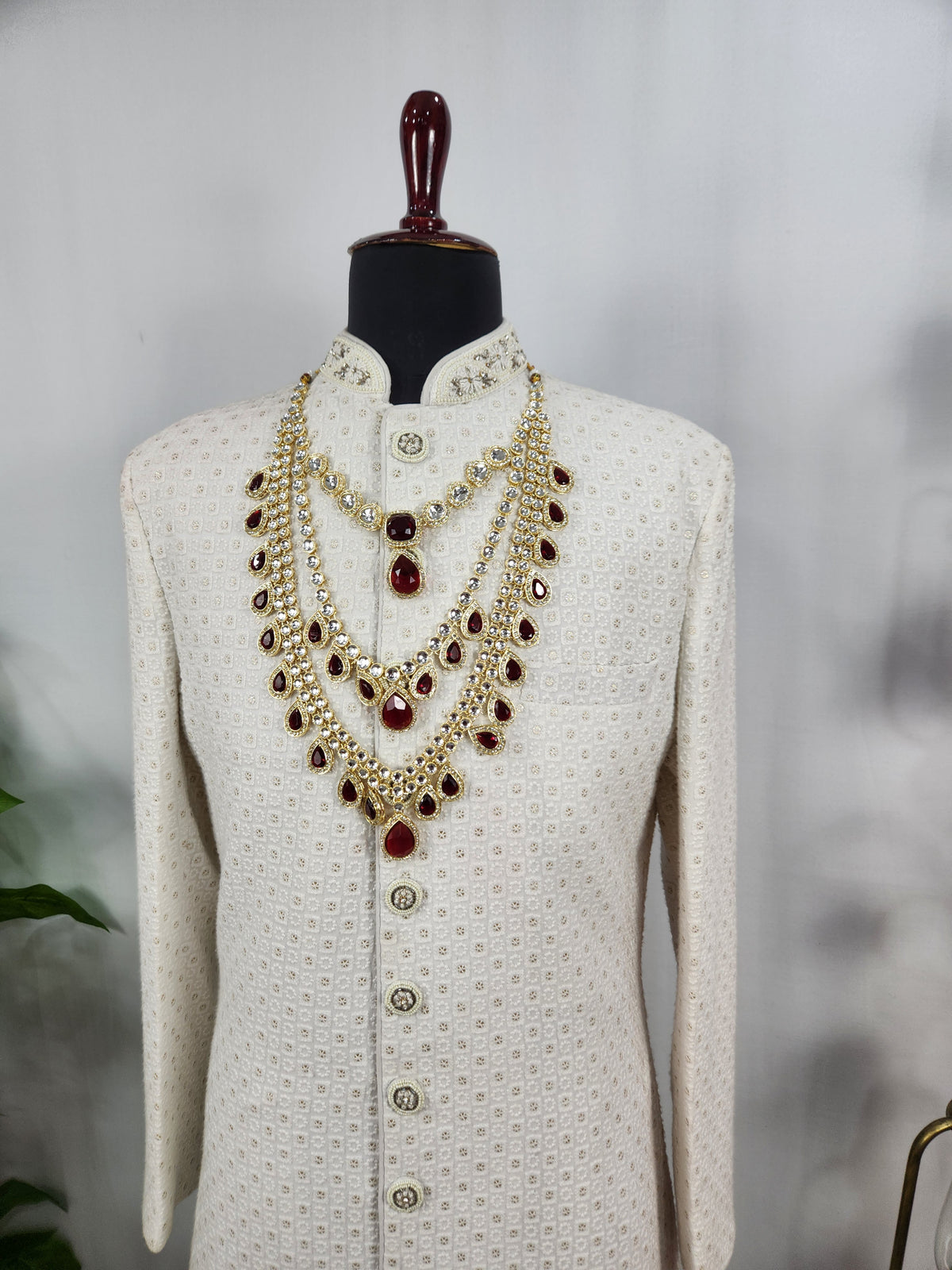 Golden Red Diamond Necklace Groom | Wedding Mala For Sherwani