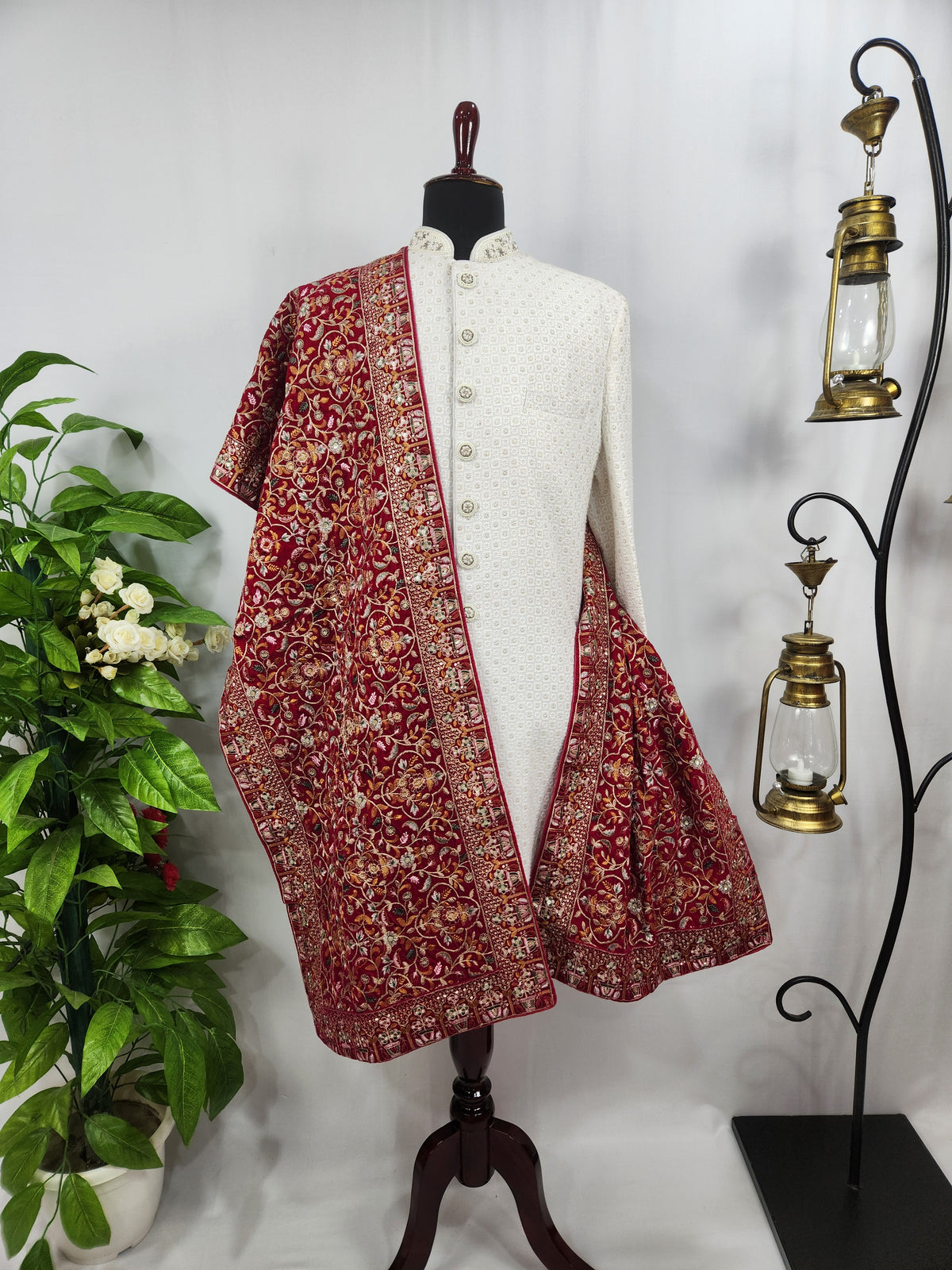 Red Groom Shawl - Multi Color Embroidery | Shawl For Men