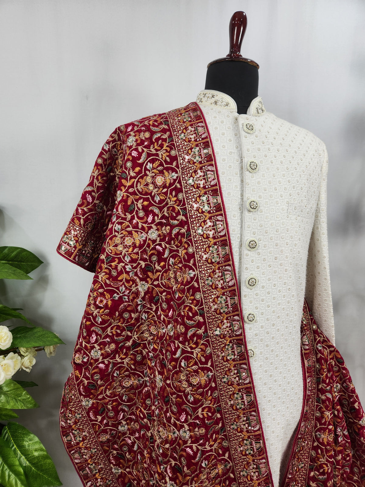 Red Groom Shawl - Multi Color Embroidery | Shawl For Men