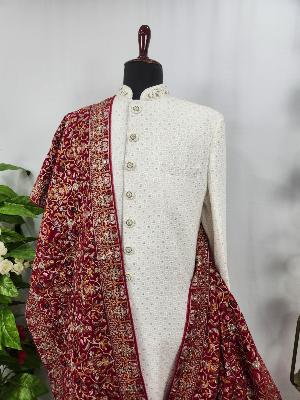 Red Groom Shawl - Multi Color Embroidery | Shawl For Men