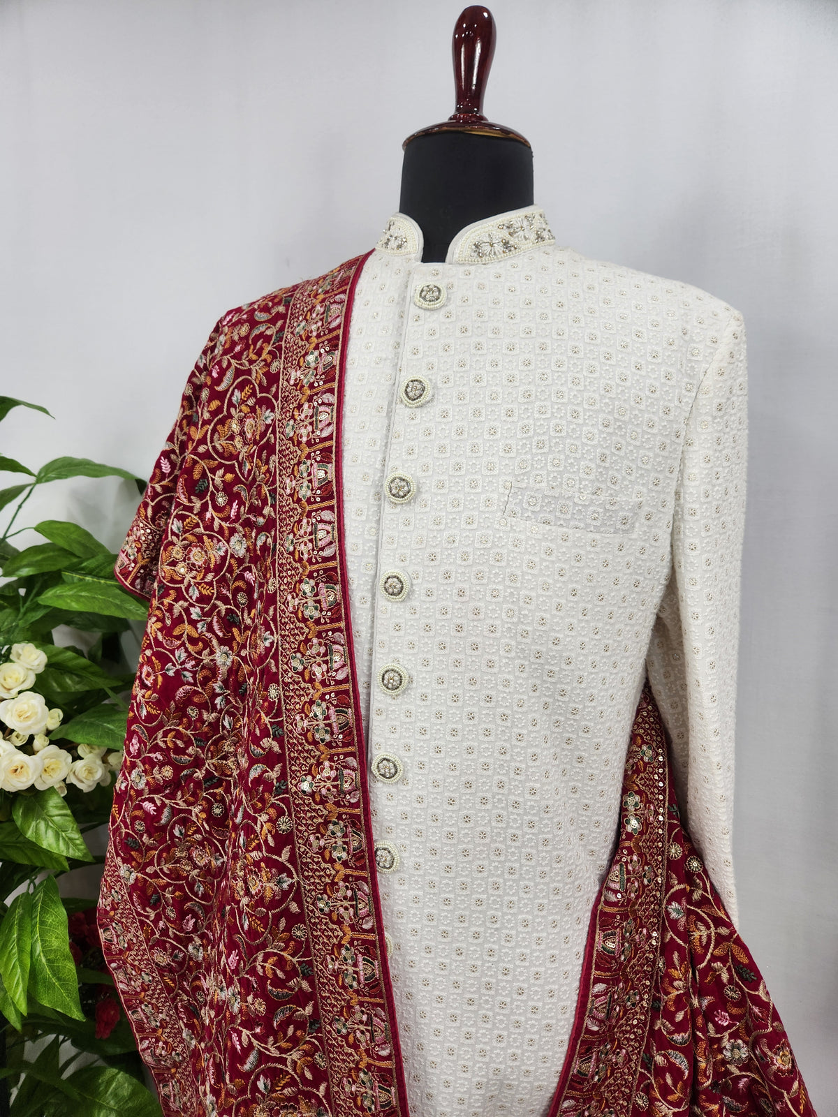 Red Groom Shawl - Multi Color Embroidery | Shawl For Men