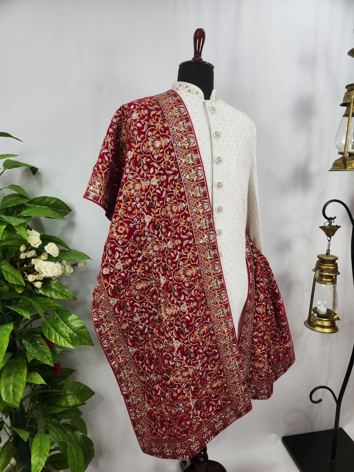 Red Groom Shawl - Multi Color Embroidery | Shawl For Men