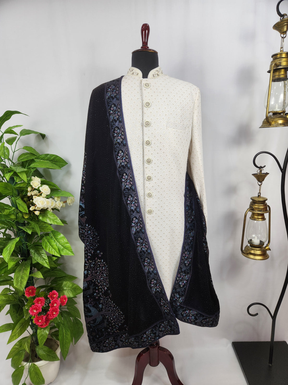 Blue Groom Stole - Scenery Border Work | Shawl For Men