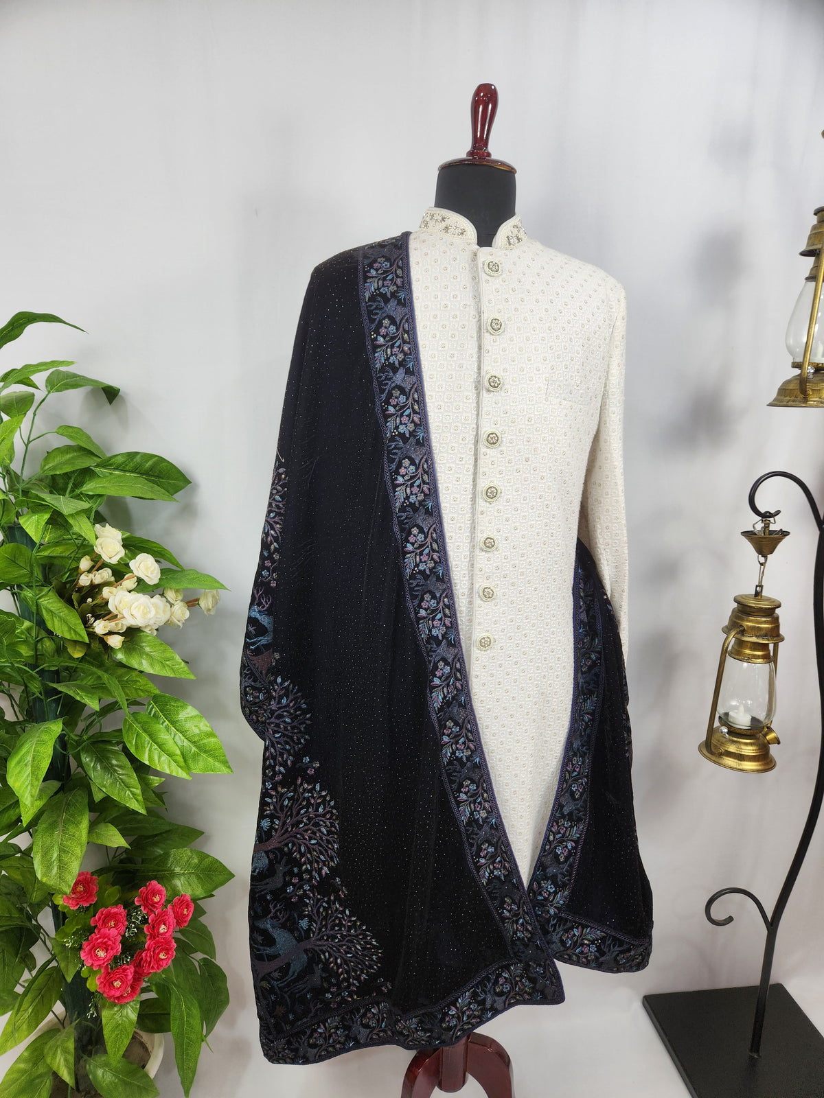 Blue Groom Stole - Scenery Border Work | Shawl For Men