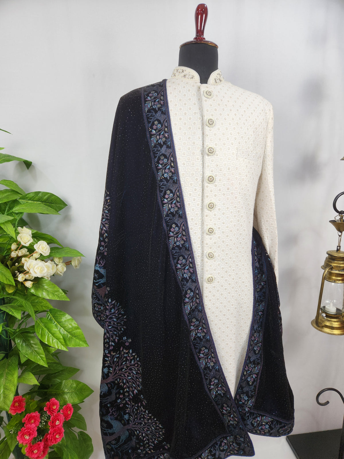 Blue Groom Stole - Scenery Border Work | Shawl For Men