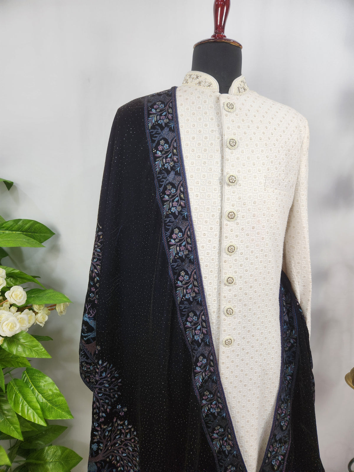 Blue Groom Stole - Scenery Border Work | Shawl For Men
