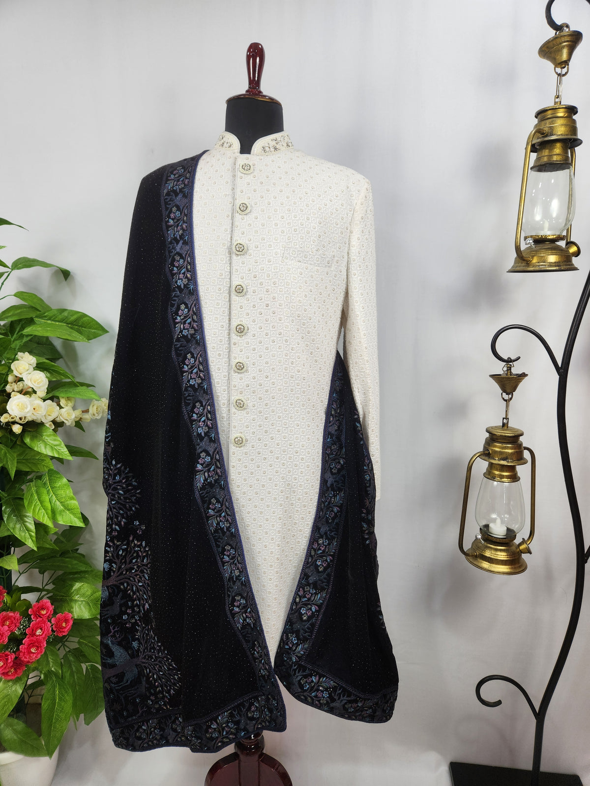 Blue Groom Stole - Scenery Border Work | Shawl For Men