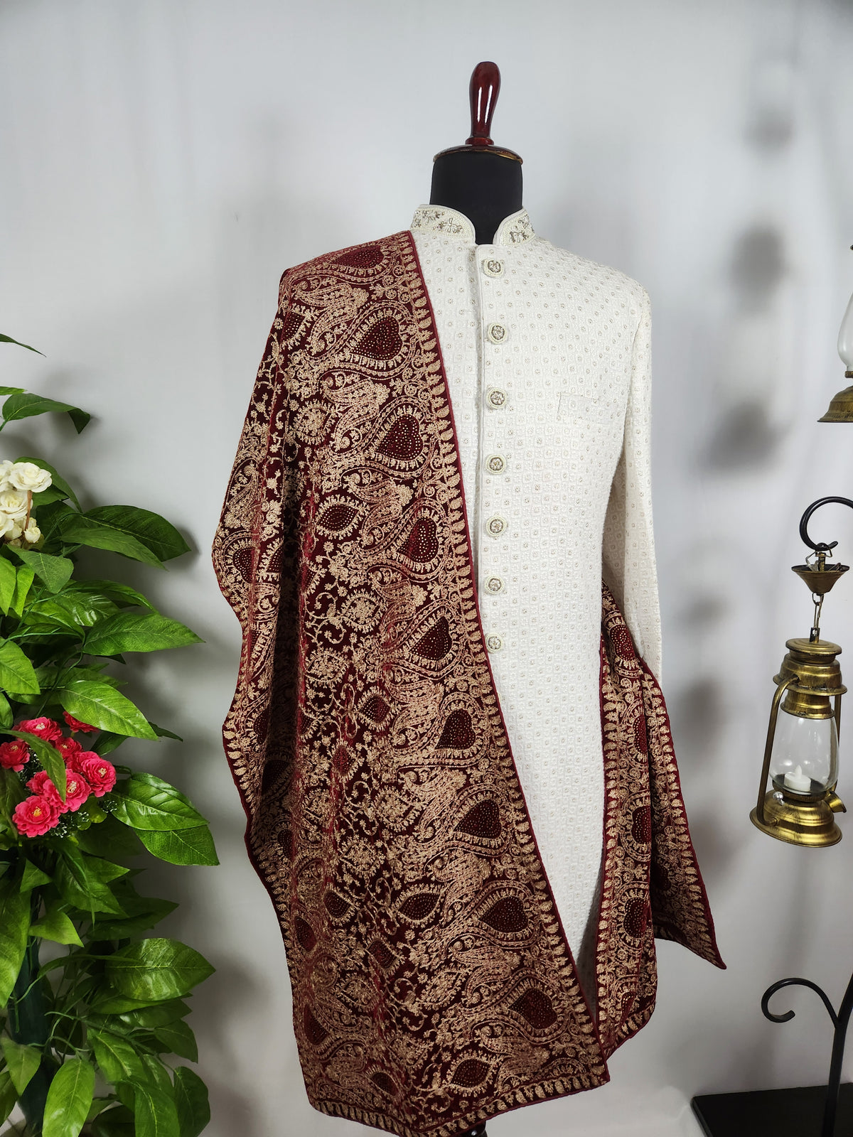 Red Groom Shawl - Golden Embroidery | Shawl For Men