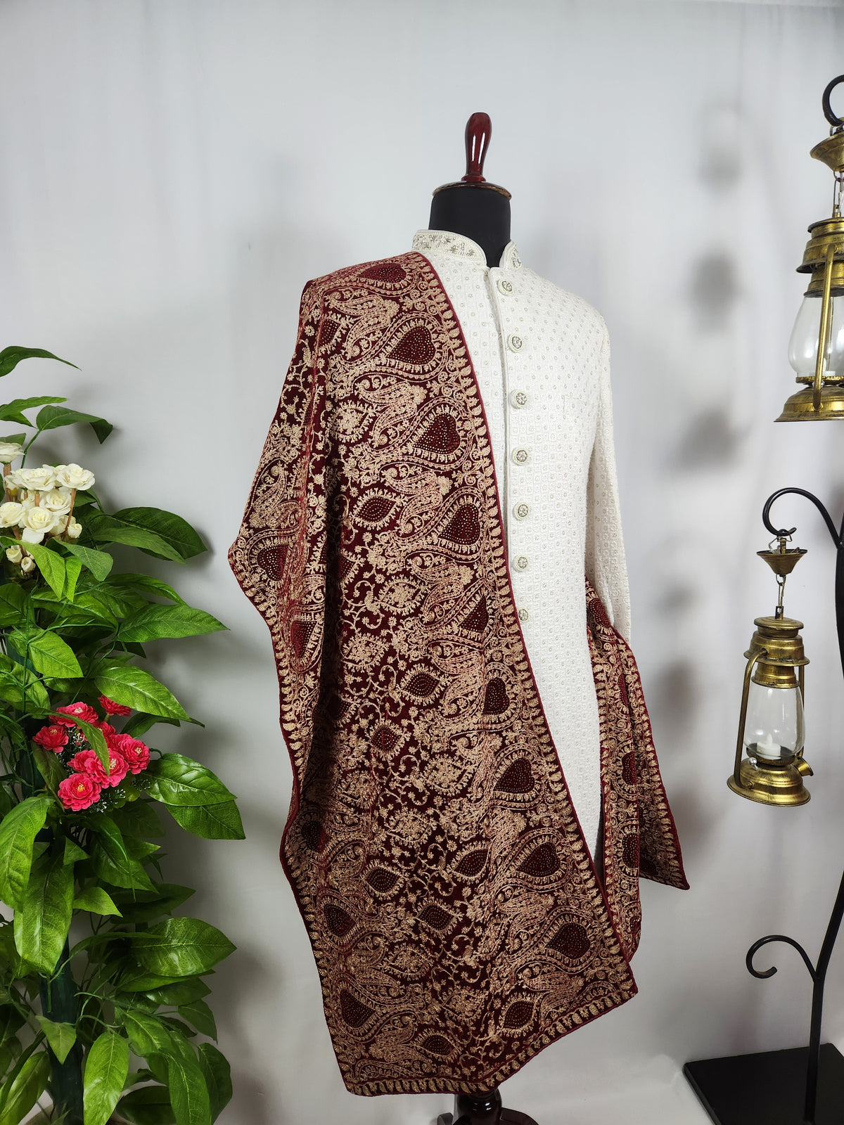 Red Groom Shawl - Golden Embroidery | Shawl For Men