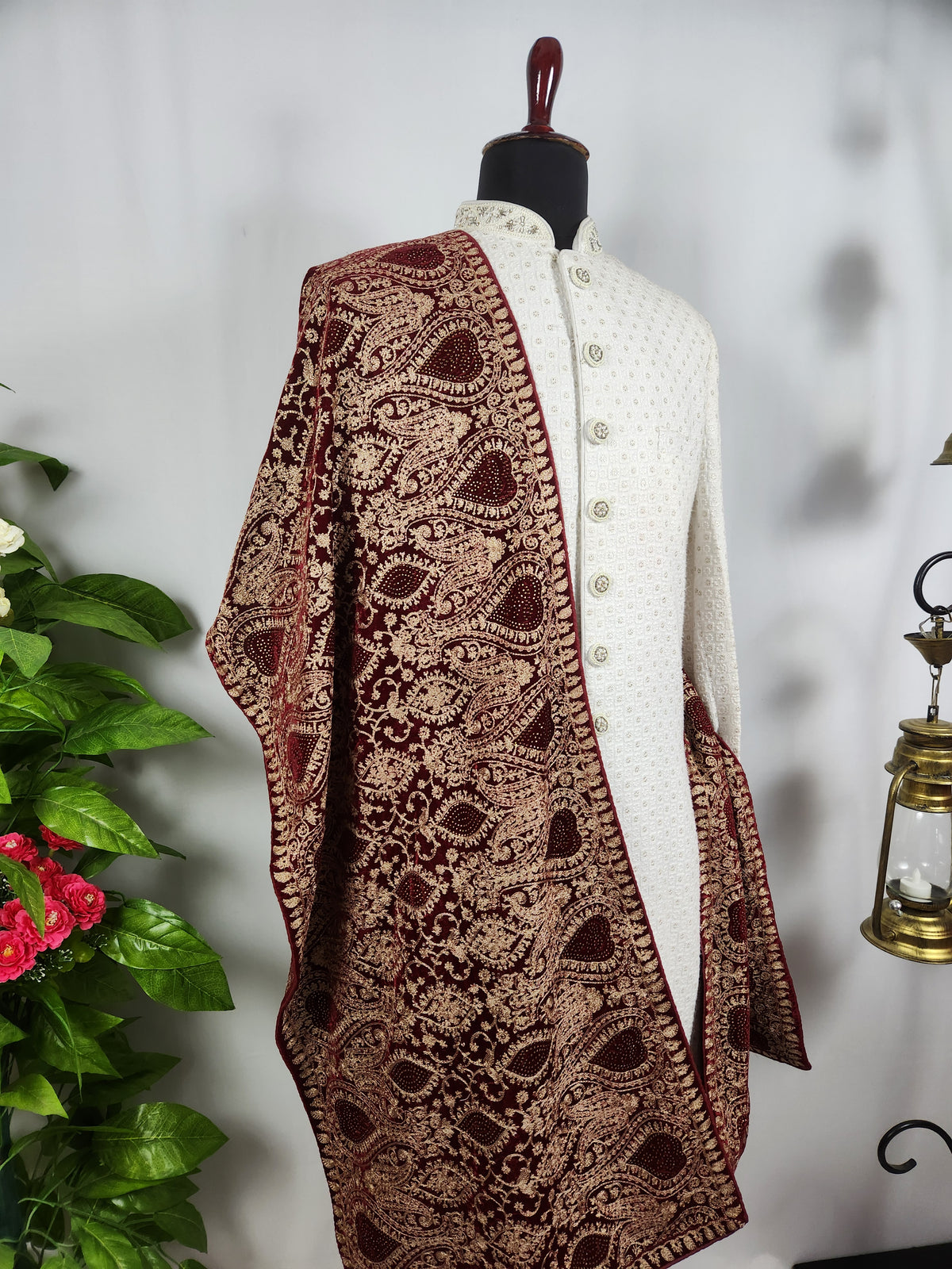 Red Groom Shawl - Golden Embroidery | Shawl For Men