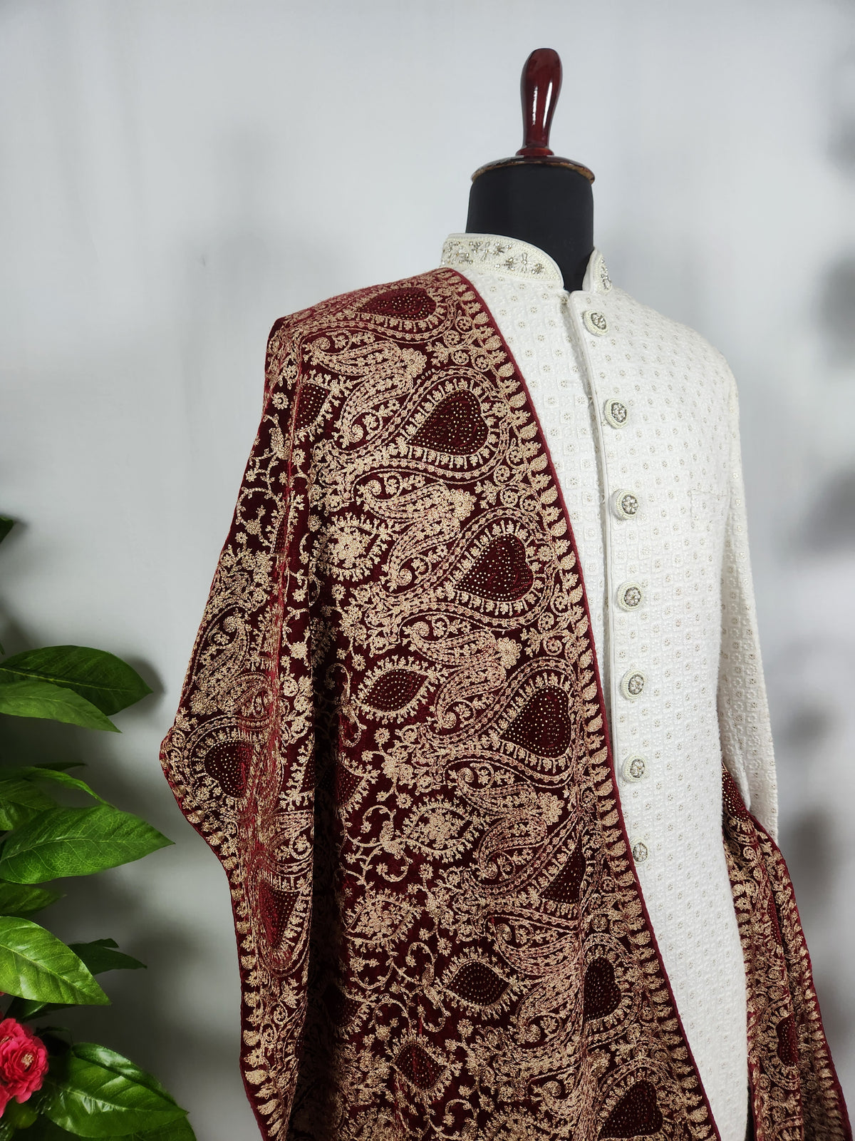 Red Groom Shawl - Golden Embroidery | Shawl For Men