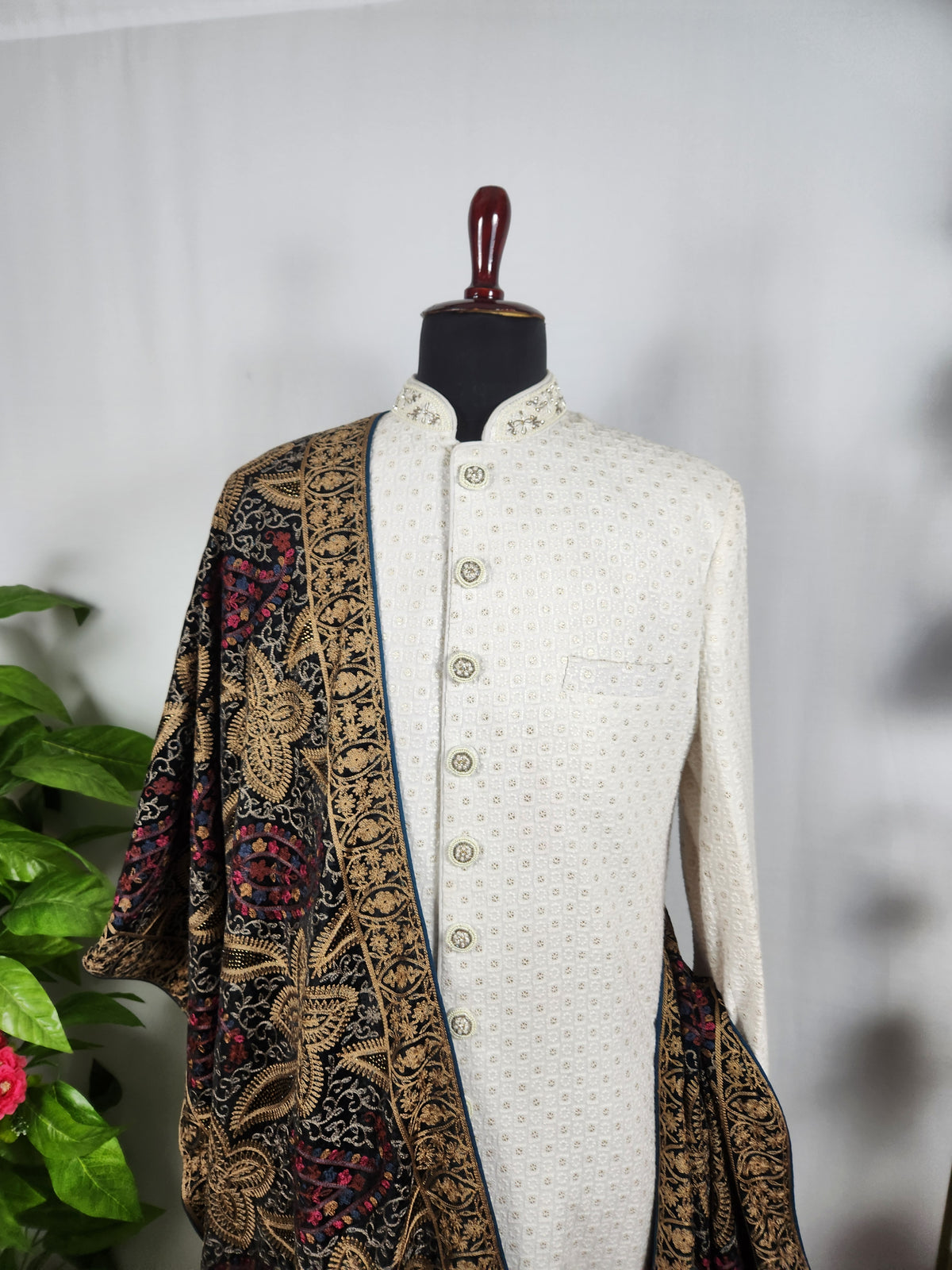 Blue Groom Stole - Multi Color Embroidery | Shawl For Men
