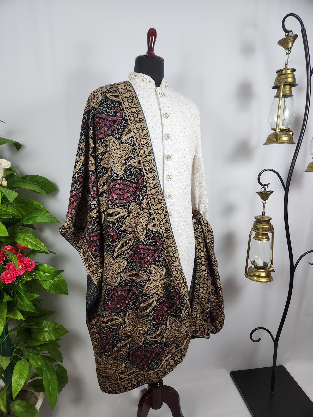 Blue Groom Stole - Multi Color Embroidery | Shawl For Men
