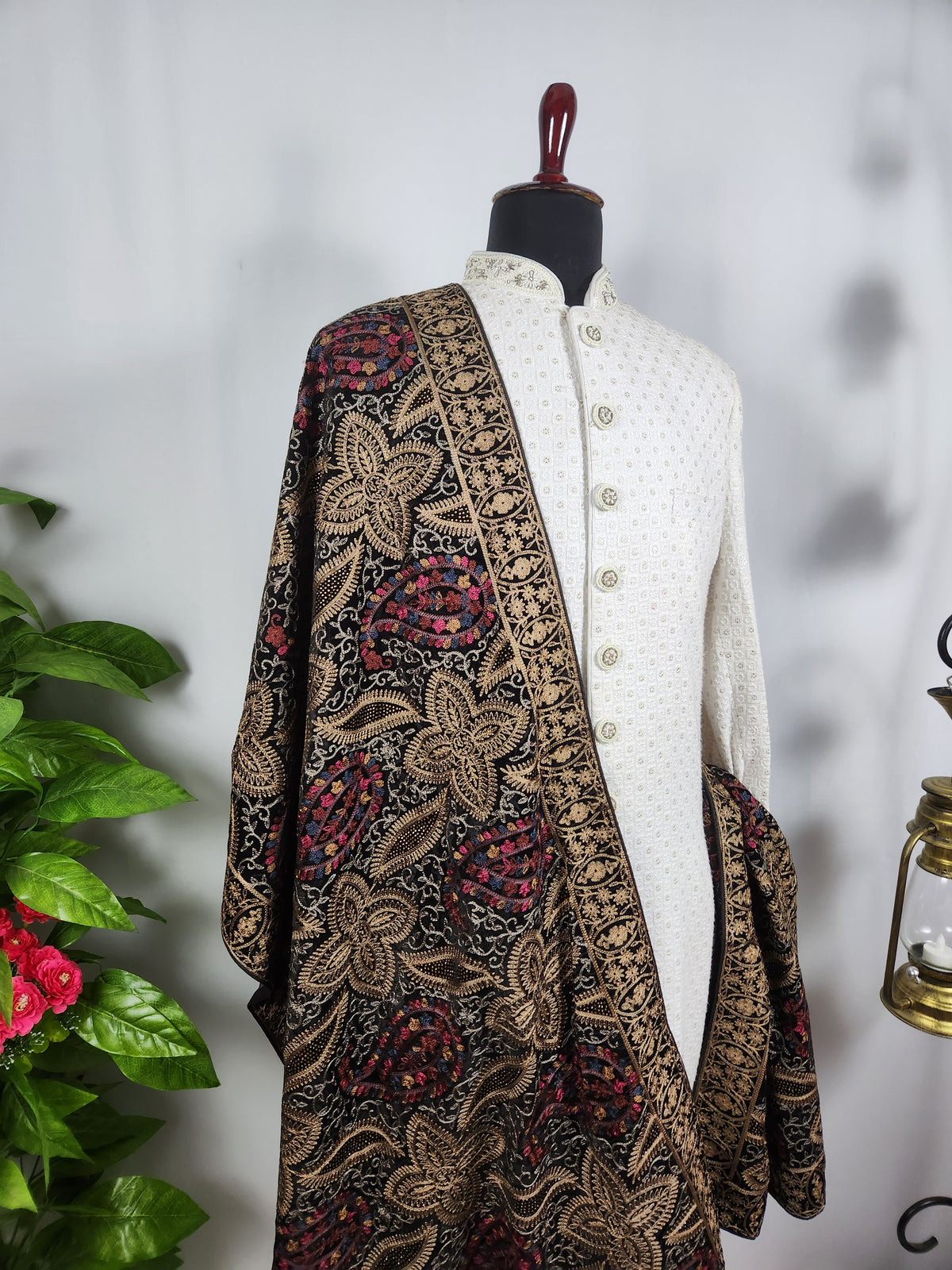 Black Shawl Groom - Golden Embroidery | Stole For Men