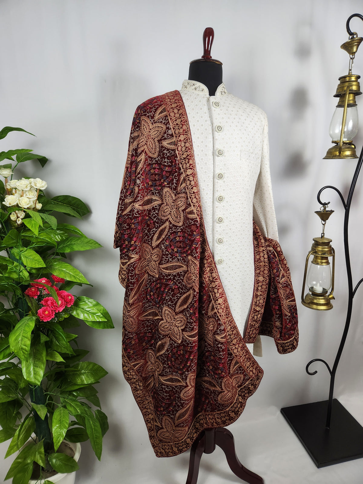 Red Groom Shawl - Multi Color Embroidery | Shawl For Men