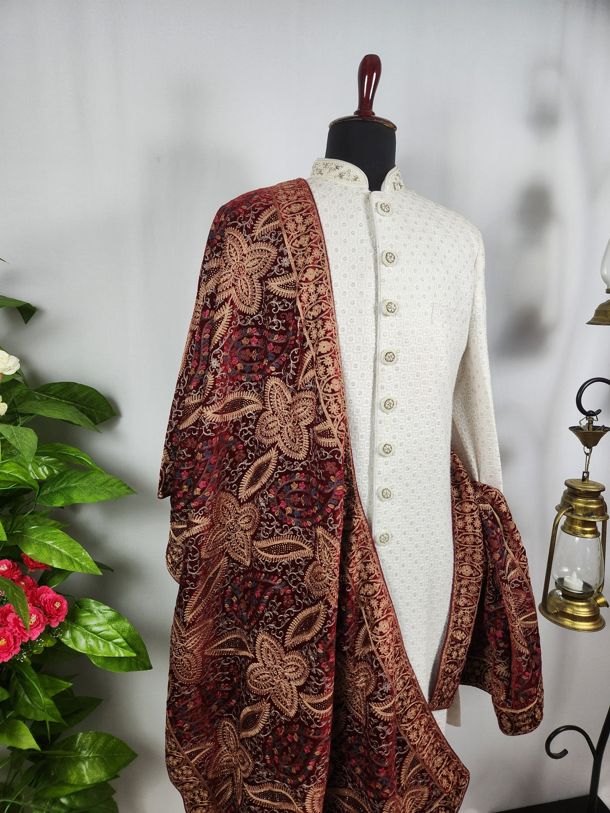Red Groom Shawl - Multi Color Embroidery | Shawl For Men