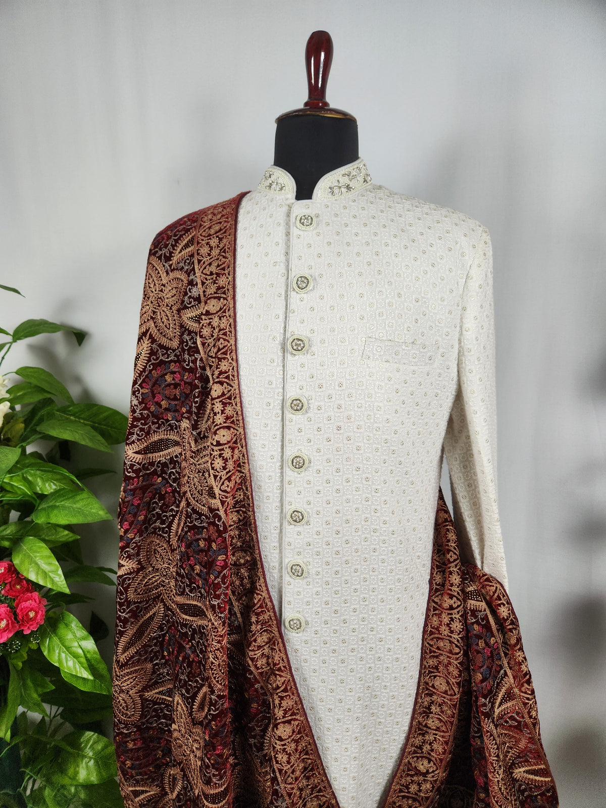 Red Groom Shawl - Multi Color Embroidery | Shawl For Men