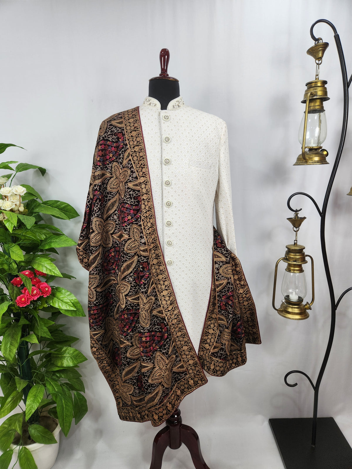 Maroon Groom Shawl - Multi Color Embroidery | Stole For Men