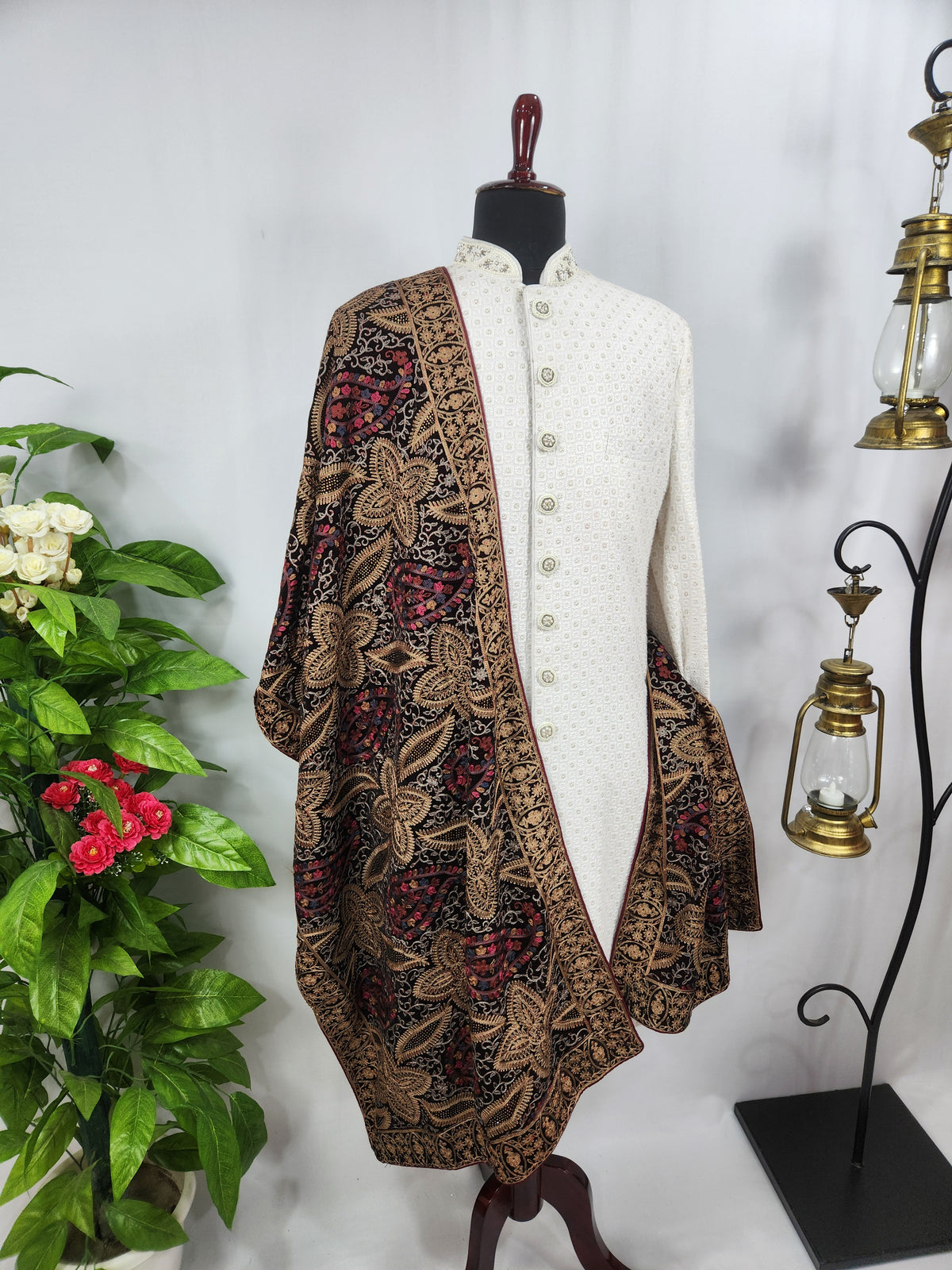 Maroon Groom Shawl - Multi Color Embroidery | Stole For Men
