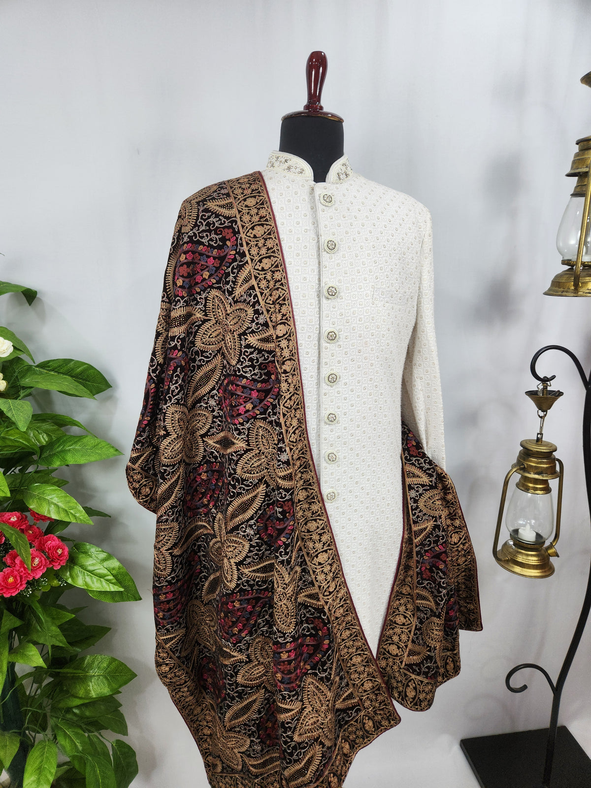 Maroon Groom Shawl - Multi Color Embroidery | Stole For Men
