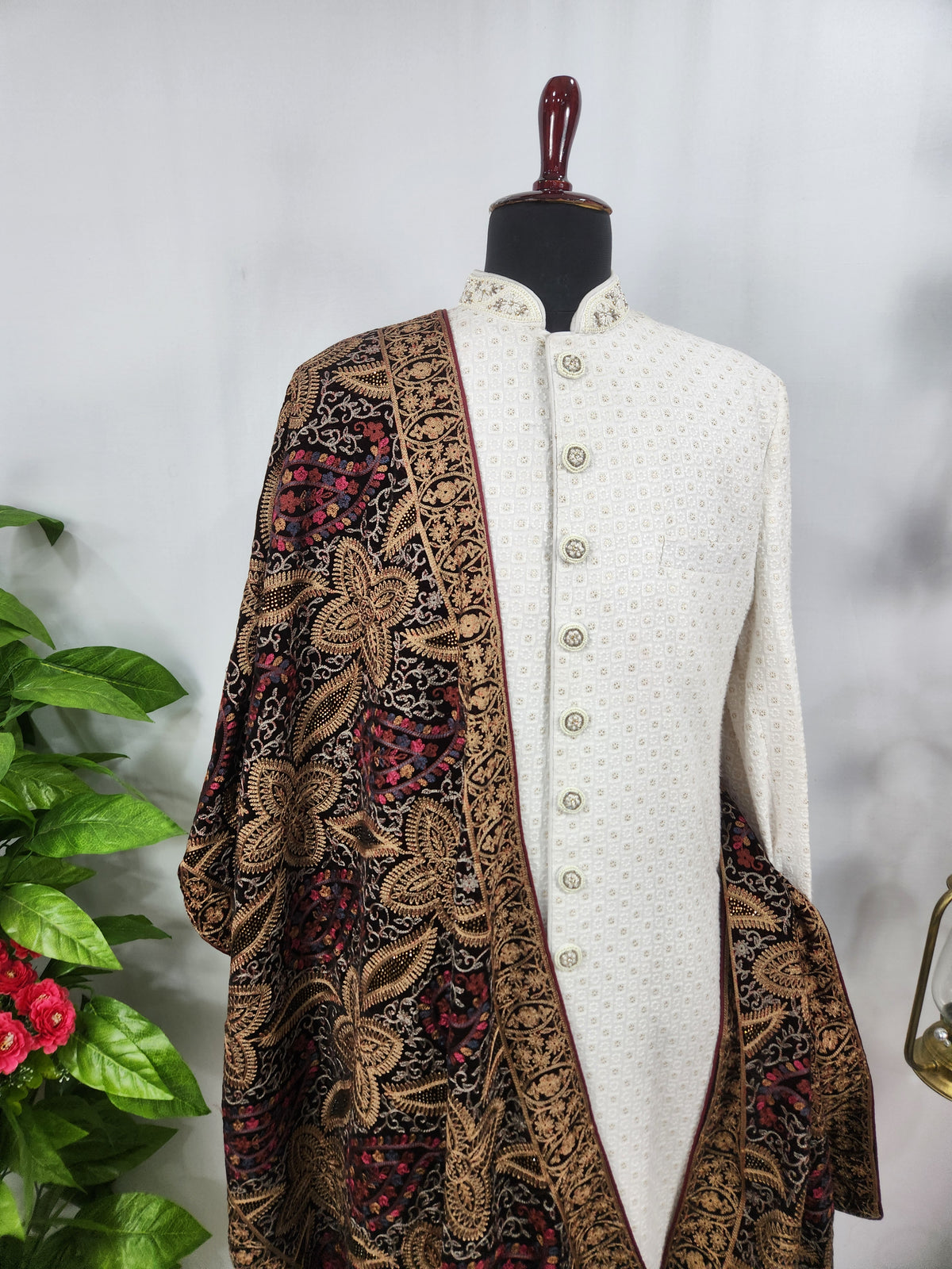 Maroon Groom Shawl - Multi Color Embroidery | Stole For Men