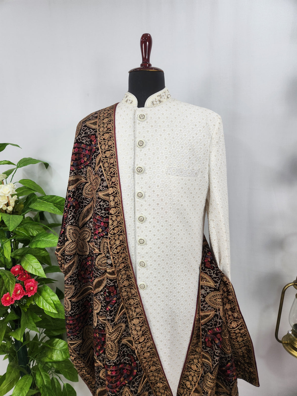 Maroon Groom Shawl - Multi Color Embroidery | Stole For Men